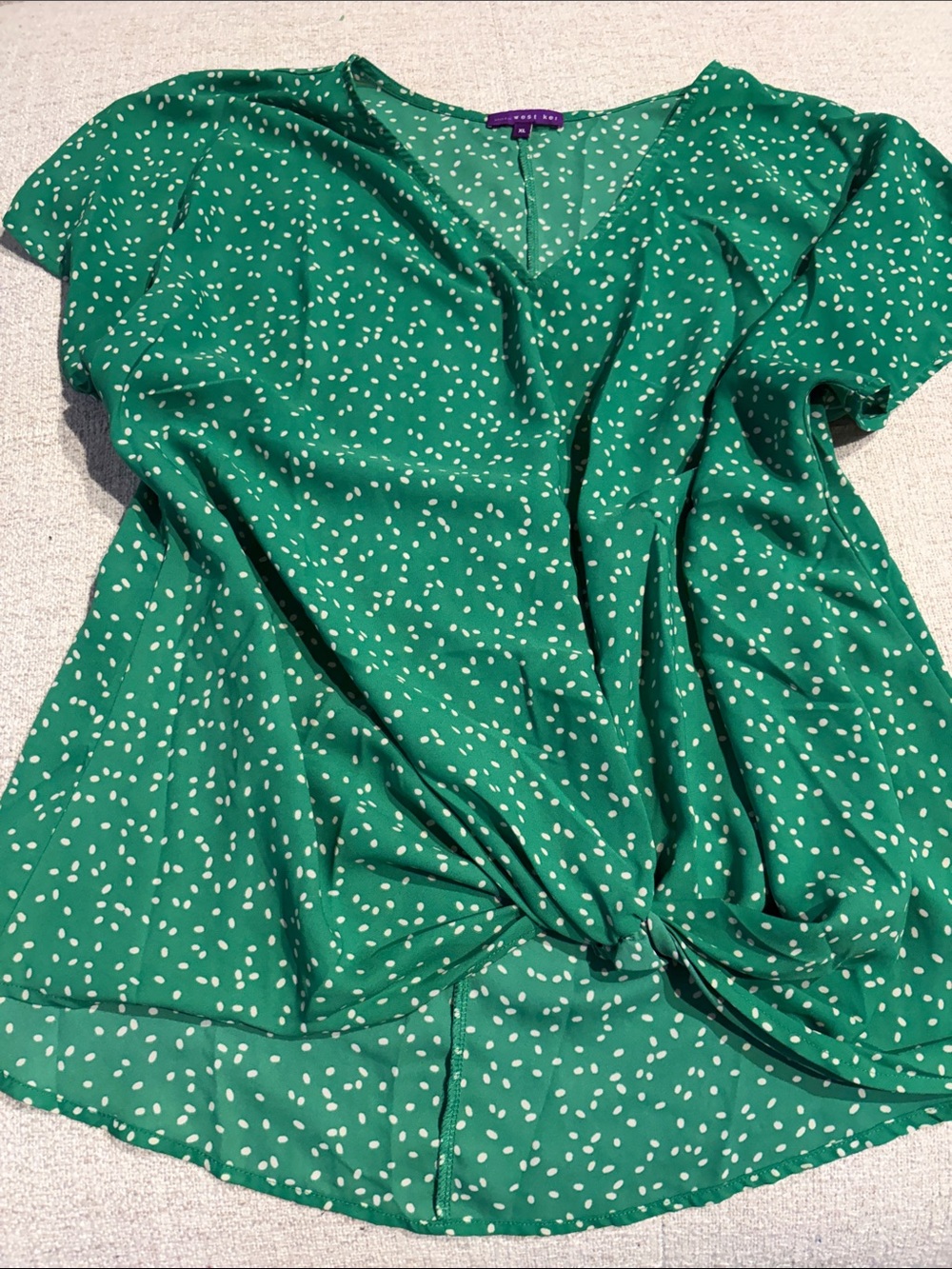 West Kei Green V-Neck Tie-Front Blouse with White Dot Print